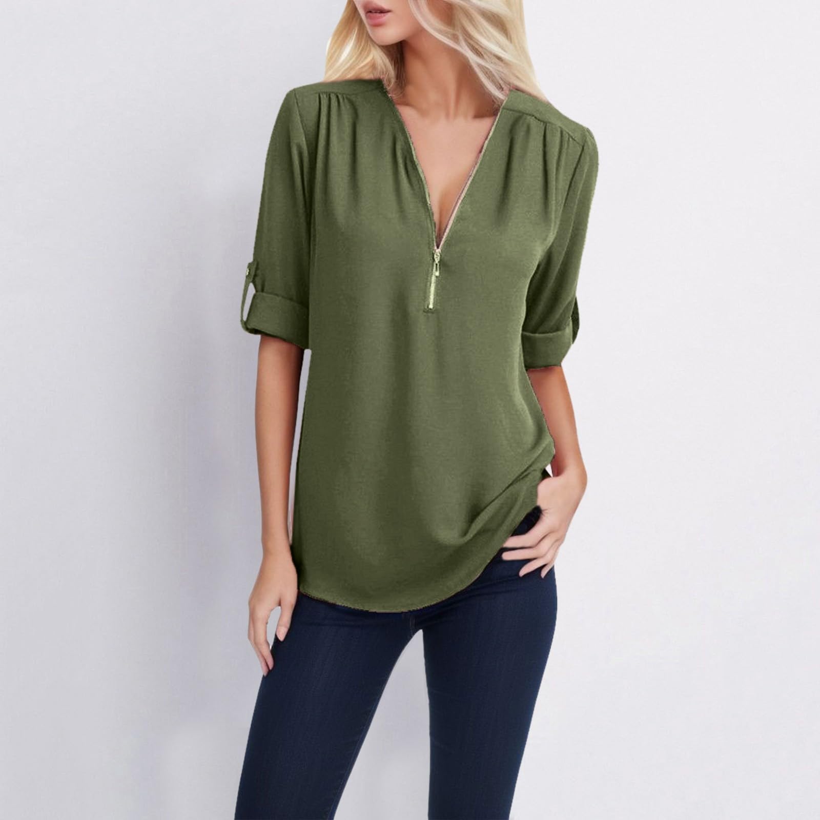 Womens Spring Athletic Fold Over Womans Tops V Neck Casual Solid T Shirts for Women Trendy Loose Fit Cute Trendy 2024 Army Green