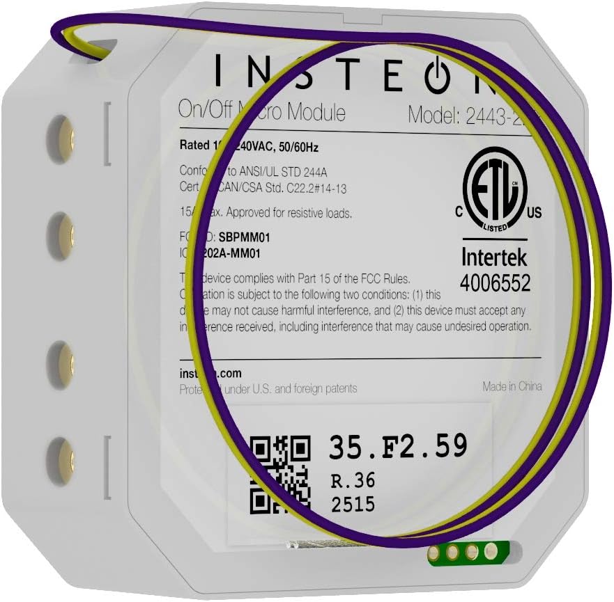 Insteon Micro On/Off Switch Adapter, Inline Module, 2443-222 - Insteon Hub required for voice control with Alexa & Google Assistant