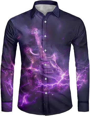 KIDVOVOU Mens Dress Shirts 3D Guitar Print Long Sleeve Slim Casual Button Down Shirt Plus Size