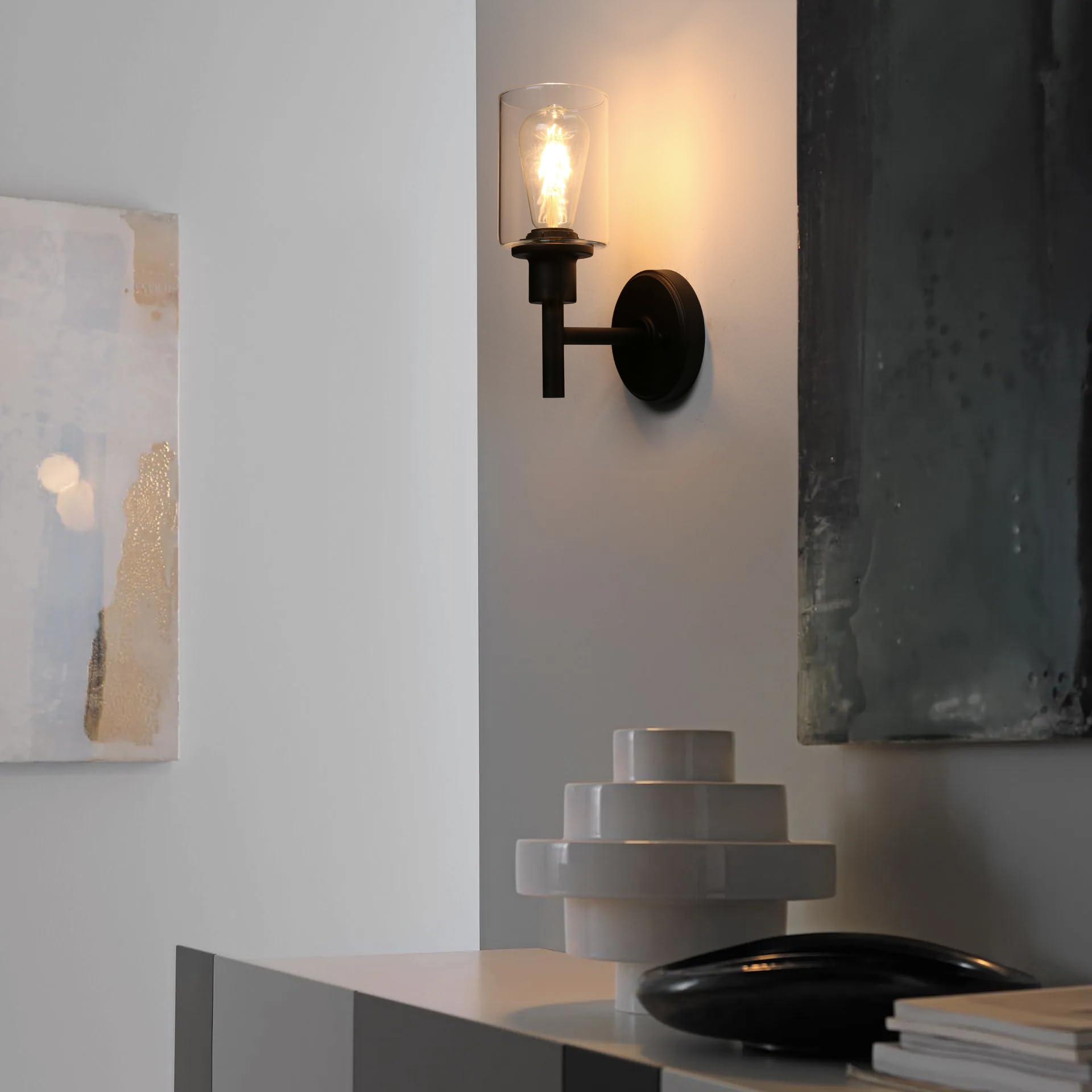 Phansthy E27 Wandleuchte mit klarglas Lampenschirm Wandlampe Industrielle Wandleuchte Wandbeleuchtung Landhausstil Lampe für Flur Schlafzimmer Wohnzimmer Küche Badezimmer Gästezimmer etc (Schwarz)