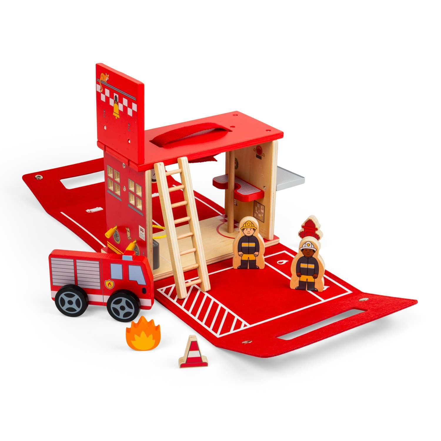 Bigjigs Toys Remiza strażacka w podróży, drewniany zestaw podróżny dla dzieci, filcowa torba do przenoszenia, zestaw do zabawy z drewnianym silnikiem, figurkami strażaków i akcesoriami, prezenty dla