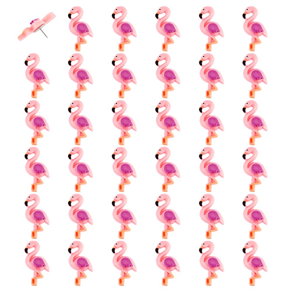 PH PandaHall 40PCS Flamingo Thumb Tacks 16.5mm Cute Animal Push Pins Resin Pink Flamingo Drawing Pin Pink Bird Decorative Pushpins for Cork Boards Bulletin Board Map Message Photo Postcard Note Paper