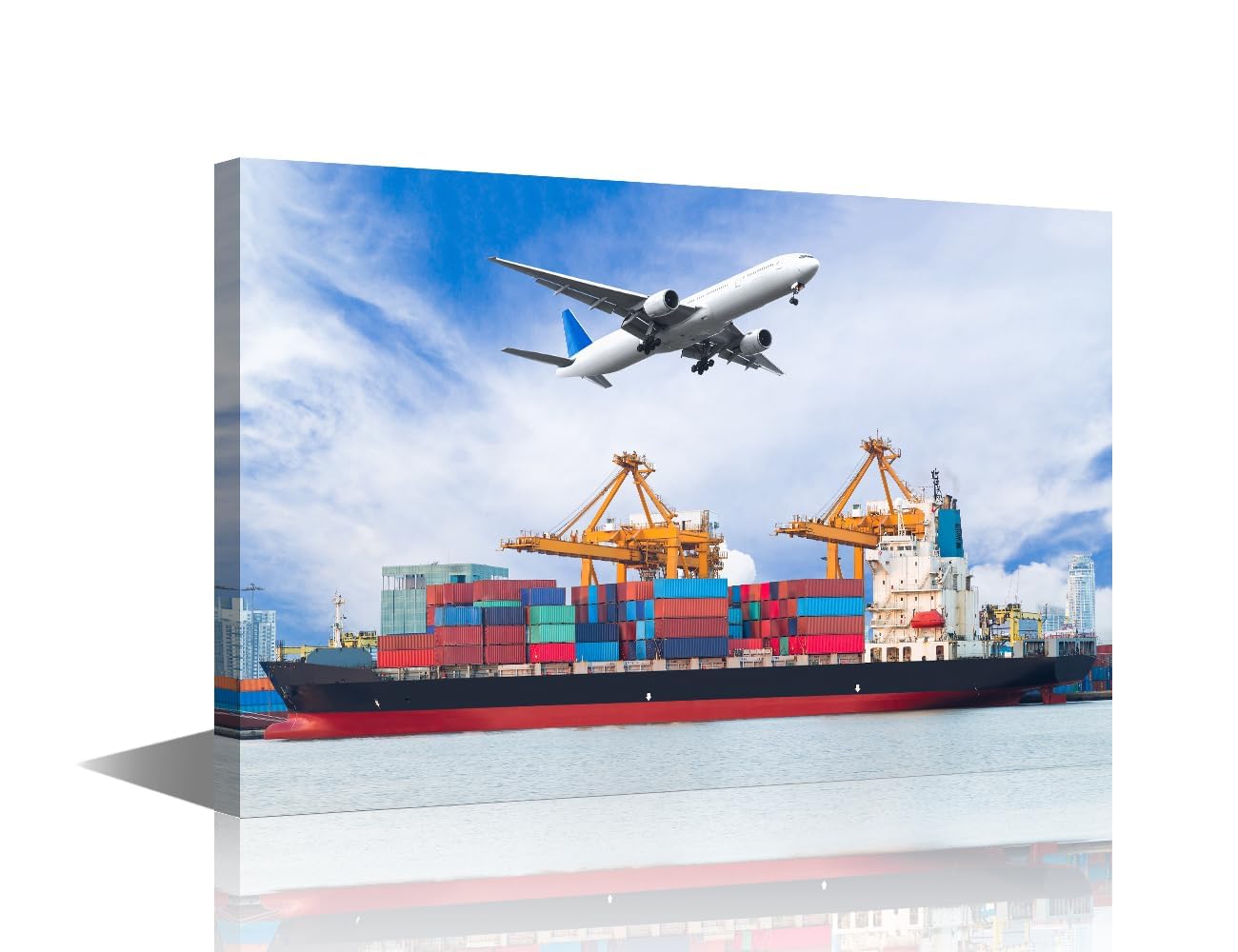 1 Panels Framed Wall Art Cargo Plane Flying Above Ship Port for Logistic Import Export Picture Prints on Canvas Artwork for Office Home Wall Decorations, Framed Ready to Hang, 18" Wx12 H