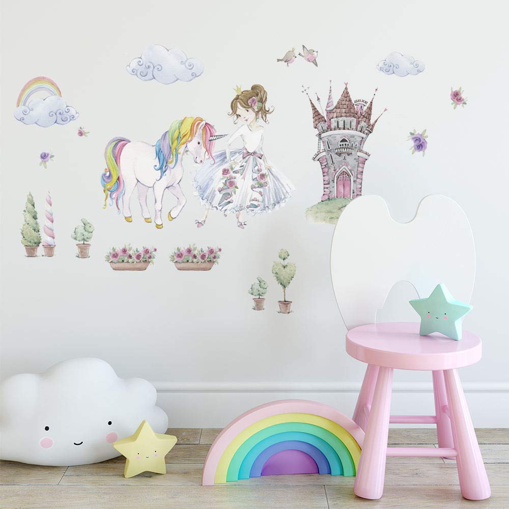 Alwayspon Kids/Girls Room Cute Unicorn Rainbow Cloud Princess Castle Wall Sticker, Removable Watercolor Wall Decals, Peel and Stick Wall Art Murals for Home Nursery Decoration Living Room Decor