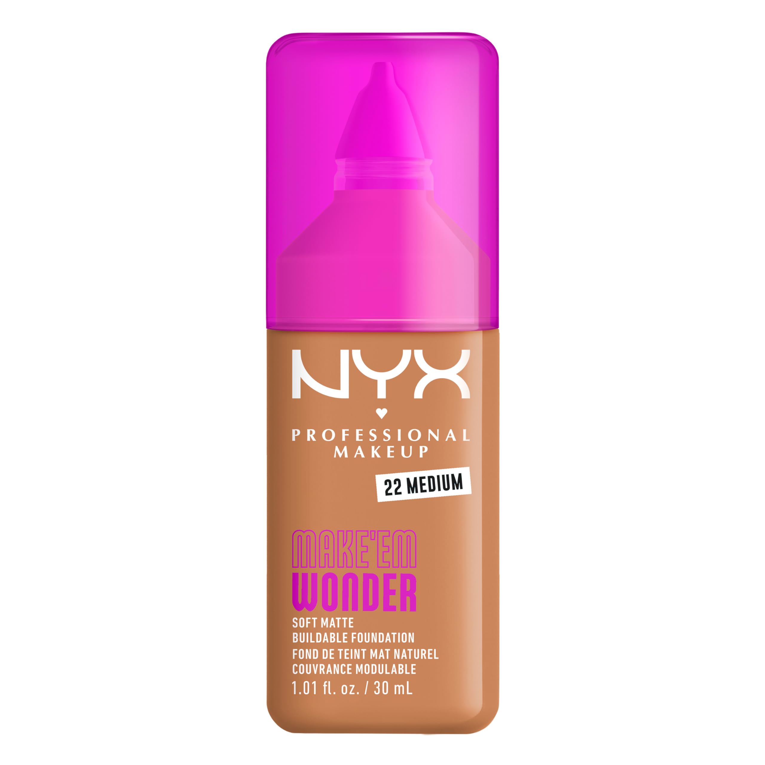 NYX Professional Makeup Make 'EM Wonder, Up to 24 Hour Soft Matte Foundation, Undetectable Finish, Waterproof, Sweat and Transfer Resistant, Shade: 22 Medium
