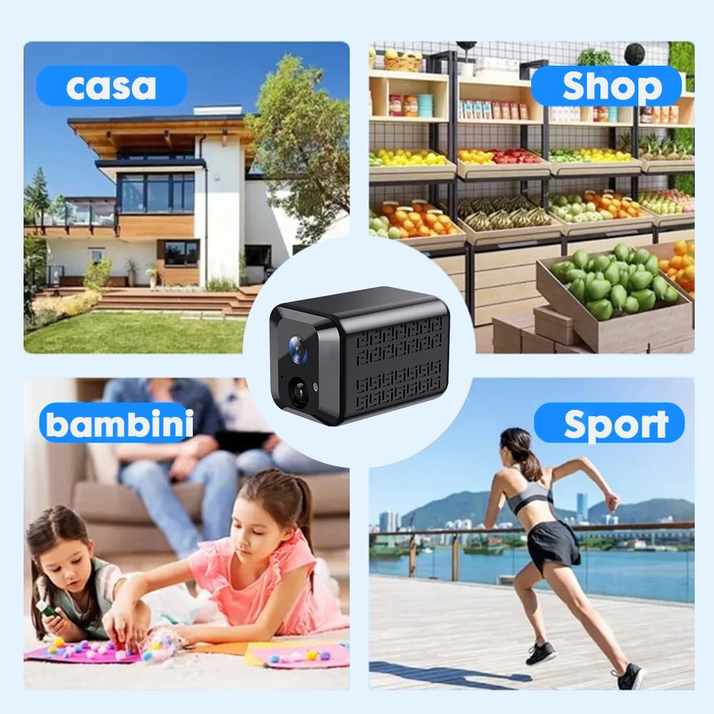 Mini fotocamera, telecamera di sorveglianza WiFi 4K HD con batteria integrata, piccola fotocamera con sensore di movimento, visione notturna, trasmissione in tempo reale e archiviazione cloud (mini2)