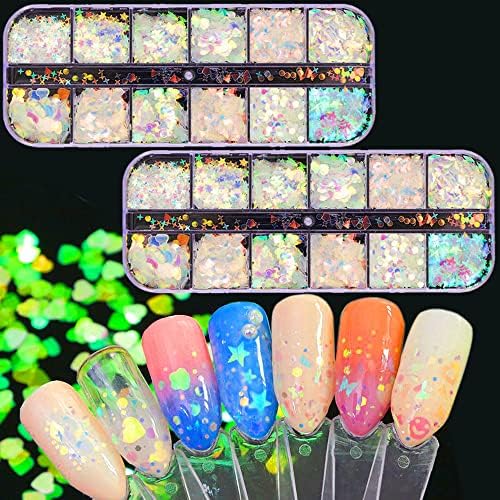 Nail Art Glitter 2 Boxes / 24 Grid Kit Holographic Sequins Iridescent Mermaid Flakes Heart Glitters Confetti Butterfly Sticker Manicure Nail Supplies Decals Resin Carfts Decoration