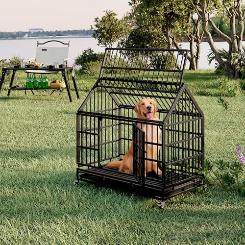 GOWE 48 Inch Heavy Duty Dog Crate with Wheels, Folding Metal Big Dog Cage for Large and Medium Dogs, Cage with a Pointed roof and Removable Tray.