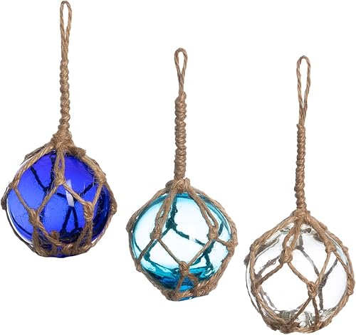 Miniatura 6 de Nautical Crush Trading Paquete de 3 bolas de vidrio soplado a mano color aguamarina, cobalto y blanco de 2 pulgadas con cuerda, flotadores de vidrio