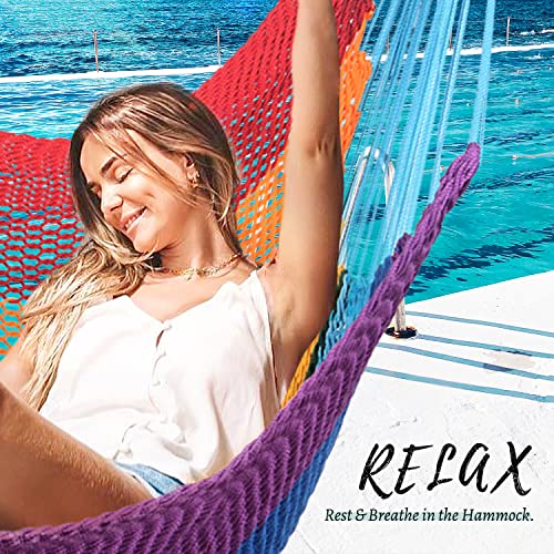 Caribbean Hammock Swing Chair With Spreader Bar, Large Hammock Chair, Hand Craft Rope Hanging Chair Outdoor, Indoor, Bedroom, 330 Lbs Weight Capacity, Rainbow #TOP2