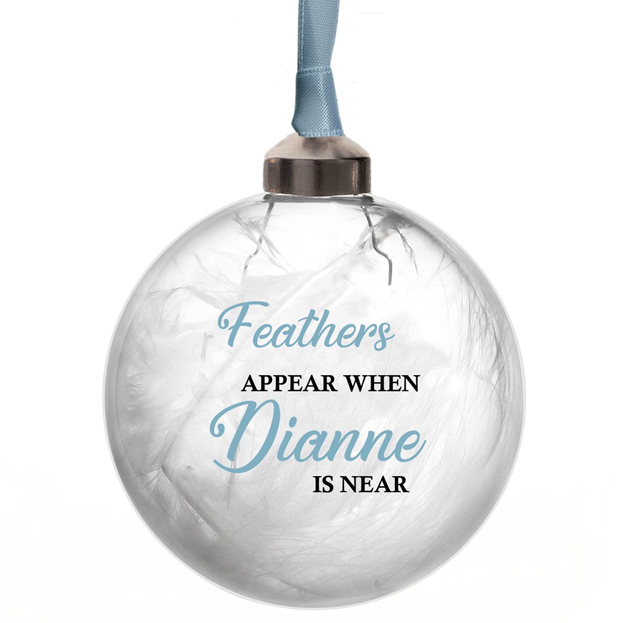 Personalised Memorial Bauble Glass 11 Colours White Feather Filled Feathers Appear Christmas Tree Decoration (Blue)