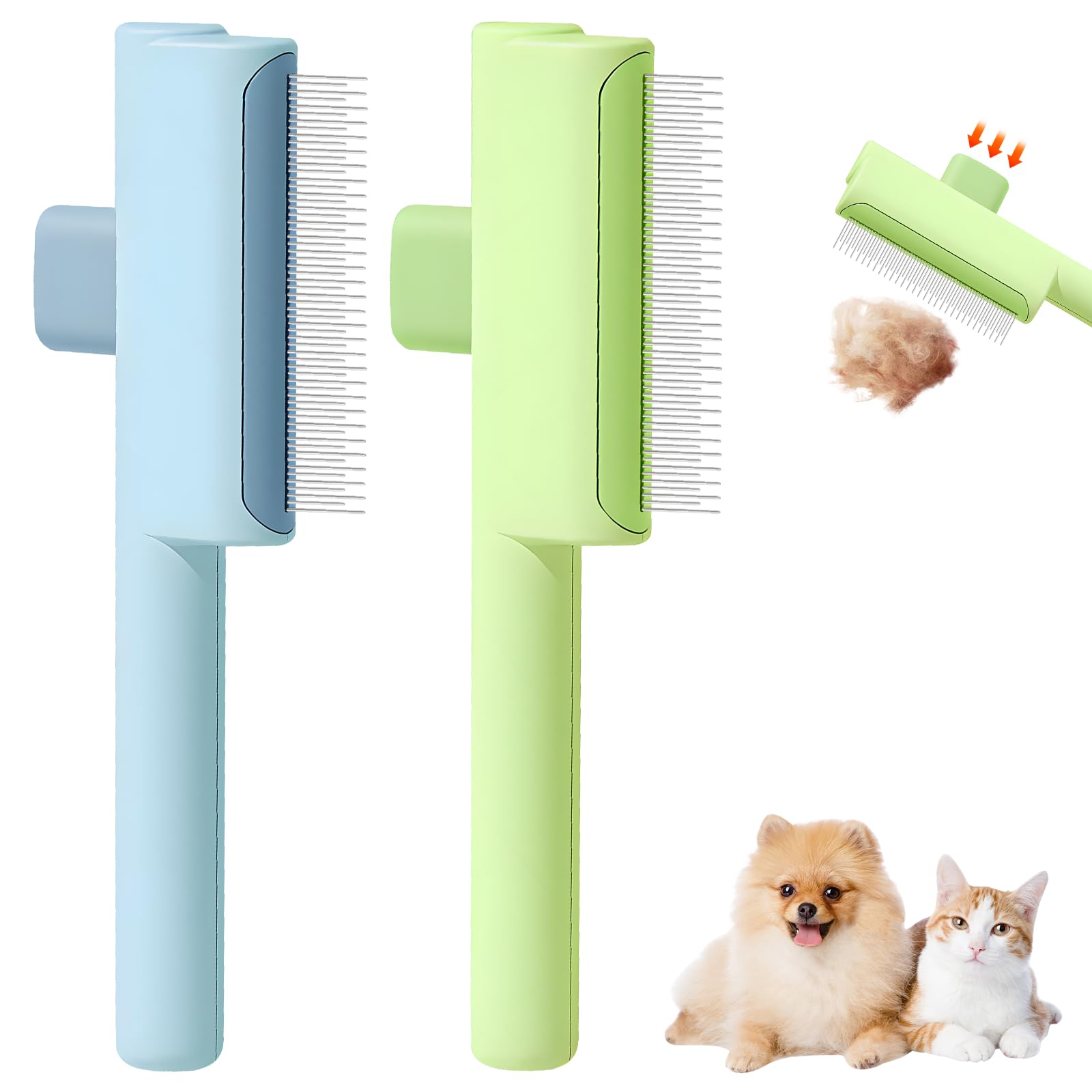 Peine para eliminar el pelo de mascotas, cepillo de aseo para gatos con botón de liberación, para masajear y limpiar el pelo de las mascotas, cepillo para gatos de pelo corto y largo (azul + verde)