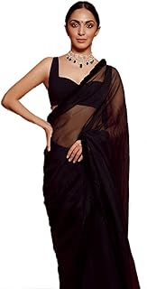 Sidhidata Women's Plain Georgette Saree With Unstitched Blouse Piece (Kiara Advani Black Saree)