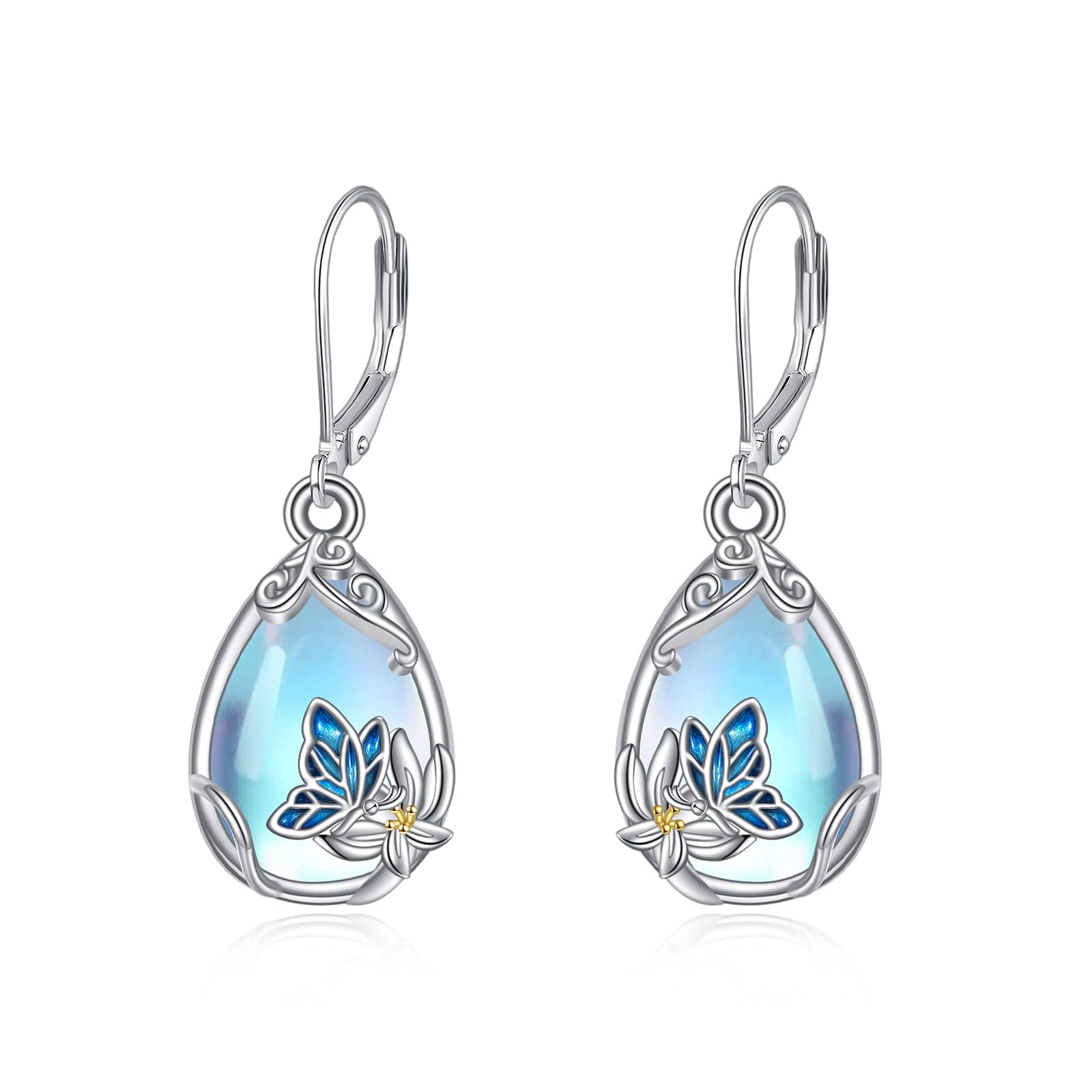 YFN Bee/Flower/Hummingbird Bird Moonstone Earrings 925 Sterling Silver Teardrop Dangle Hypoallergenic Leverback Earring for Women