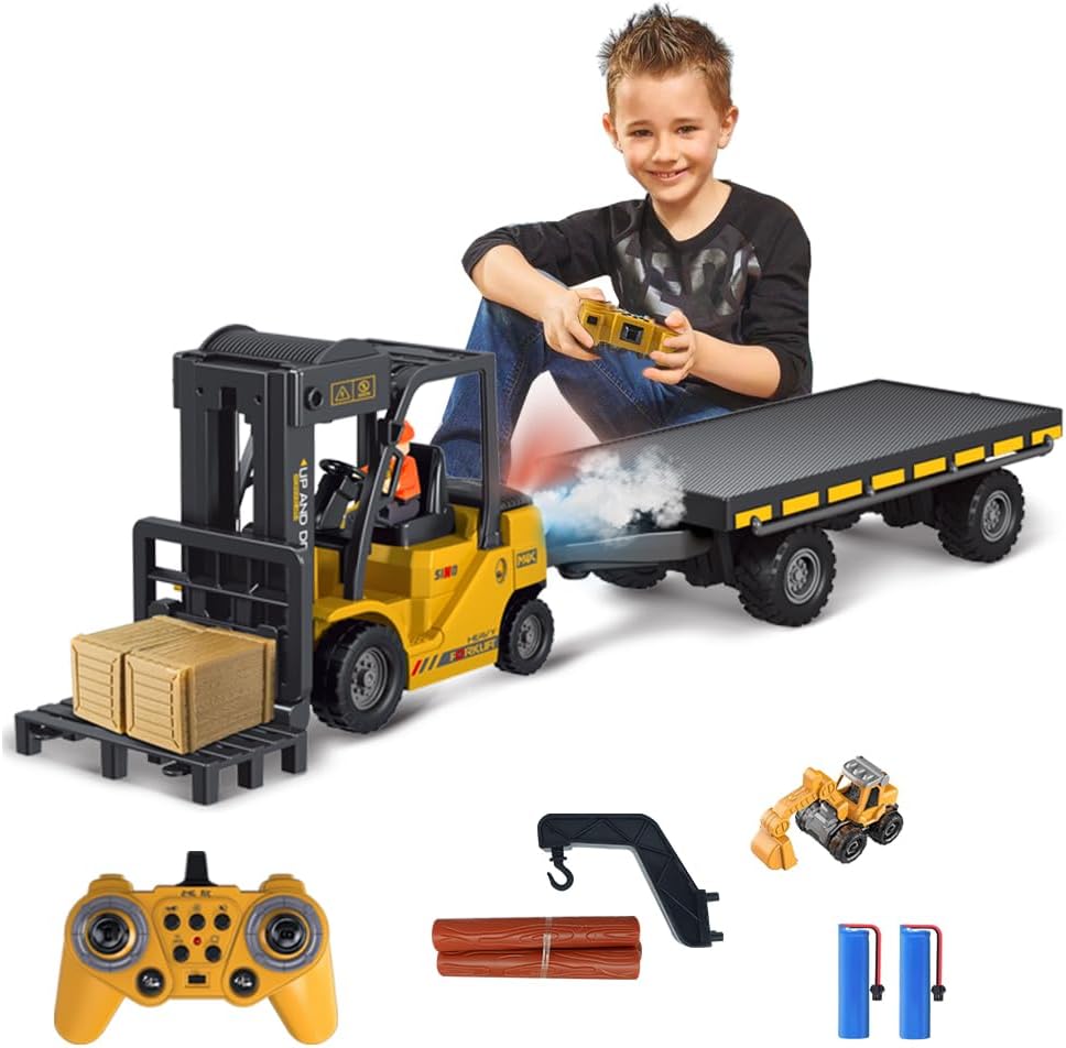 KNACKTOYZ Remote Control Forklift with Flatbed Truck, 11 Channel RC Forklifts with Spray, Cool Lights & Sound, 2 in 1 Lift Fork & Hook, Crane Construction Toys for Boys, Birthday Gift for Kids 3+