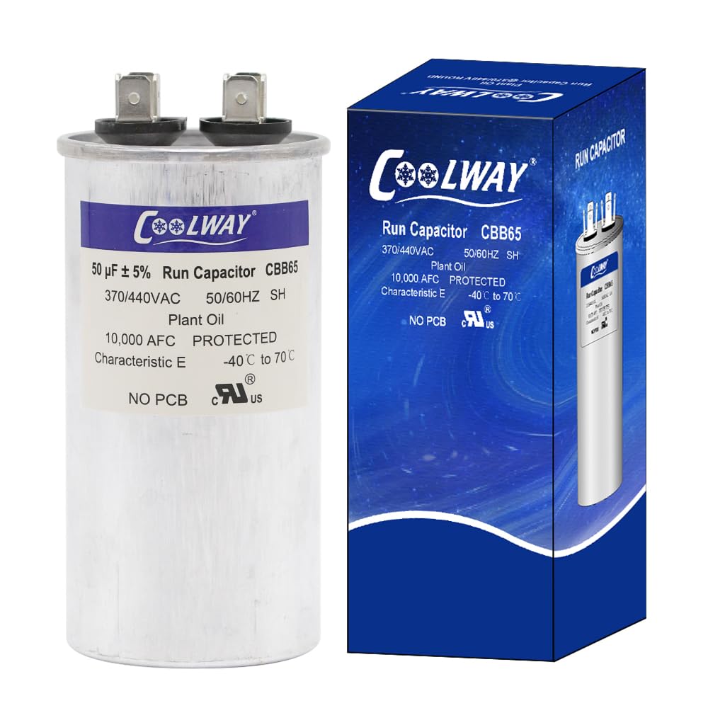 COOLWAY 50 uF 50 MFD 5% 370V or 440V Dual Run Start AC Capacitor for CBB65r CBB65b 370 440 Volt VAC Air Conditioner, Motor Start, Heat Pump, Condenser