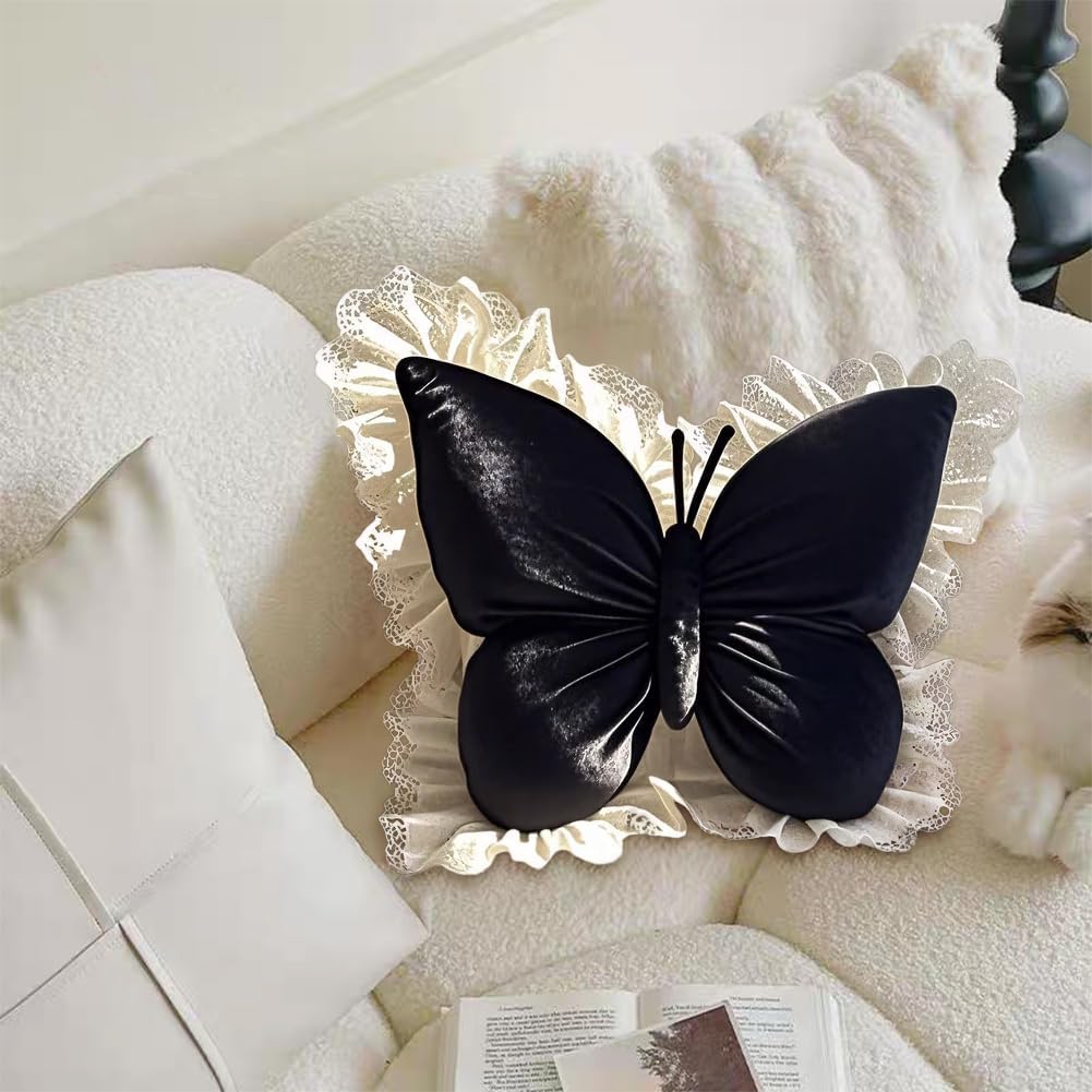 Butterfly Throw Pillow, Butterfly Shaped Decorative Pillow for Sofa Couch Bed, Plush Velvet Lumbar Support Cushion for Office Chair & Car Seat (Black)