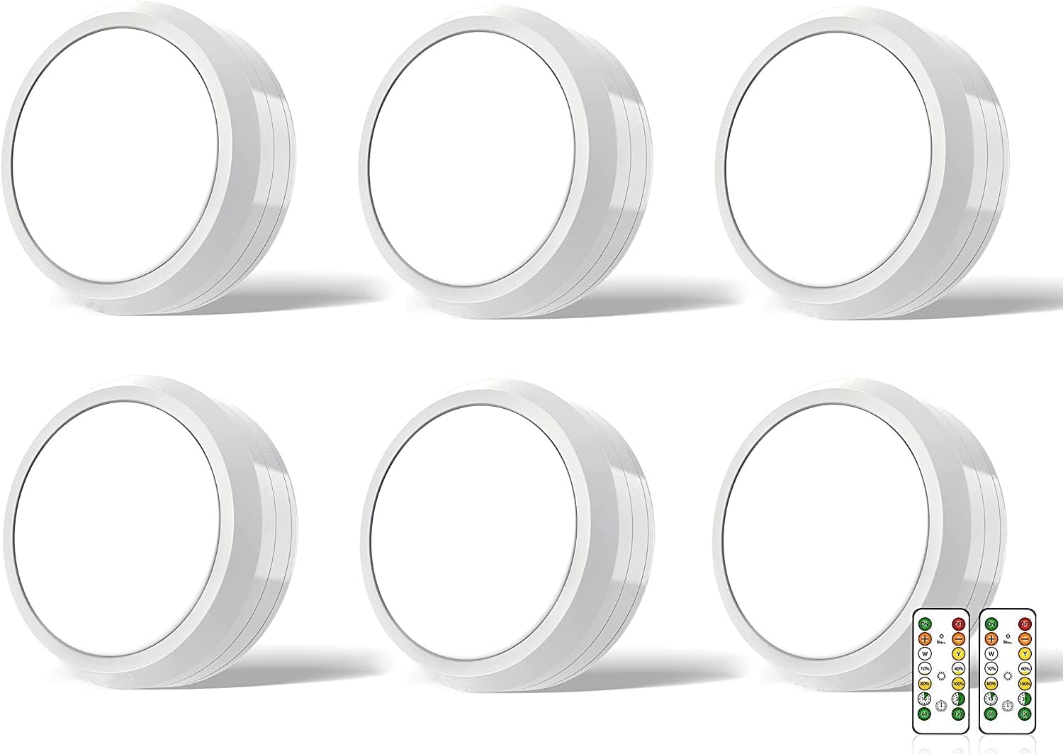 MOUJUCHI Under Cabinet Puck Lights, 6 Pack Battery Operated Under Shelf Lighting, Dimmable Touch Closet Cupboard Kitchen Wardrobe With Remote Control (White)
