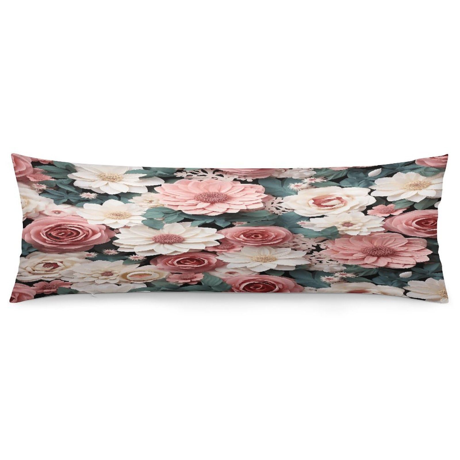 Body Pillow Pillowcase 19x53 Inch Flowers with Pink and Green Leaves Print Body Pillow Cover with Hide Zipper Super Soft Cozy Long Pillow Case Rectangle Long Body Lumbar Cushion Case for Bedroom