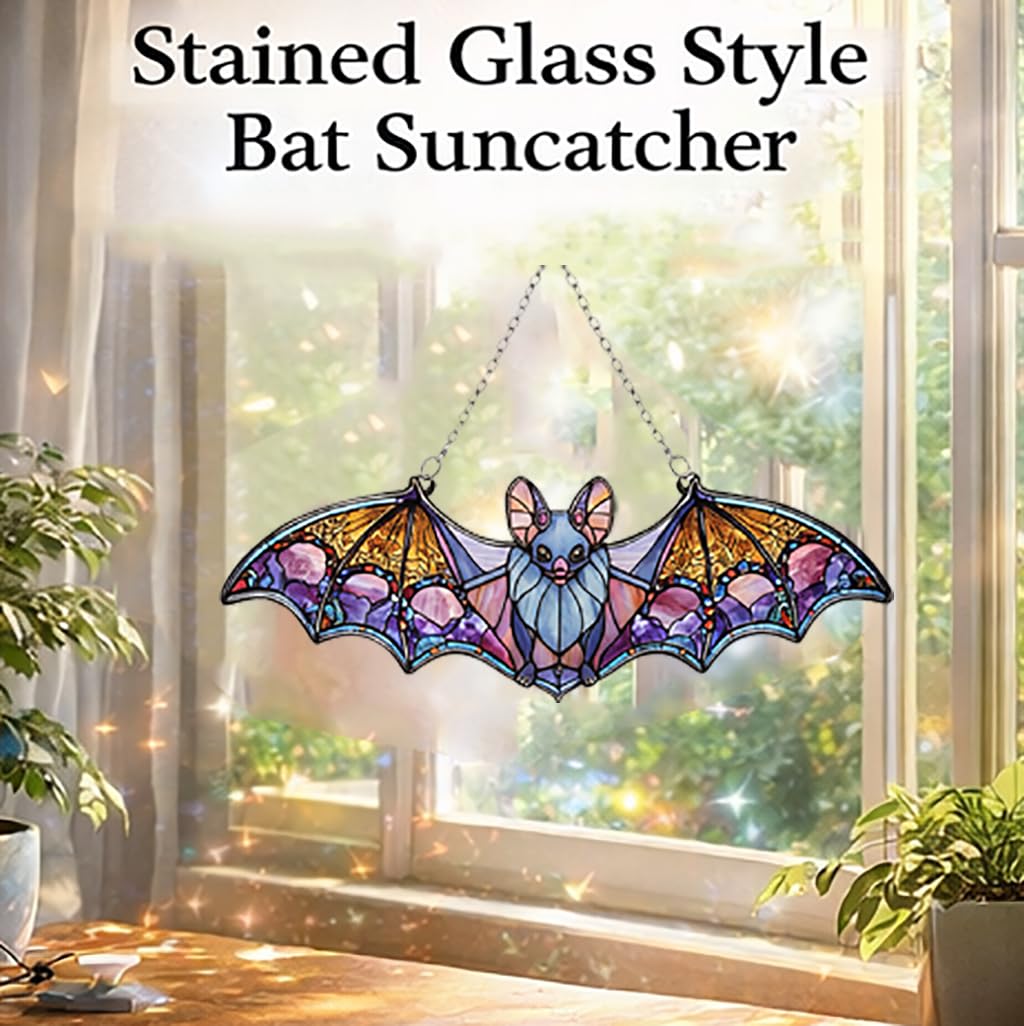 Bat Car Hanging Ornament, Stained Glass Style Bat Suncatcher, Gothic Rear View Mirror Decor, Halloween Bat Window Hanging, Witchy Gifts for Goth Women(Bat 4)