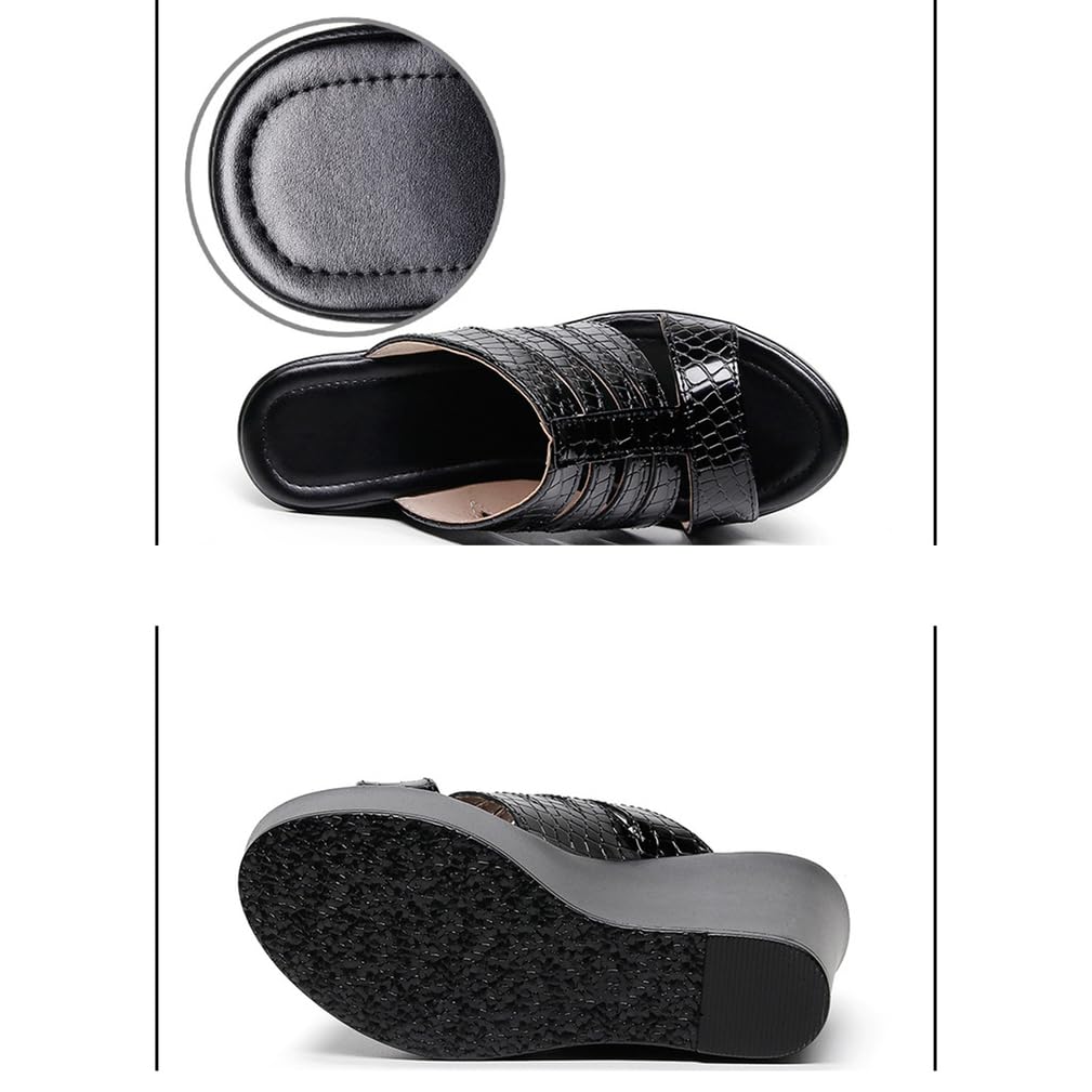 Sandalias con Cuña Mujer Plataforma Mules Metálico Calado Wedges Punta Abierta Tacón Alto Slip-on Zapatos de Fiesta Oro Negro 12cm