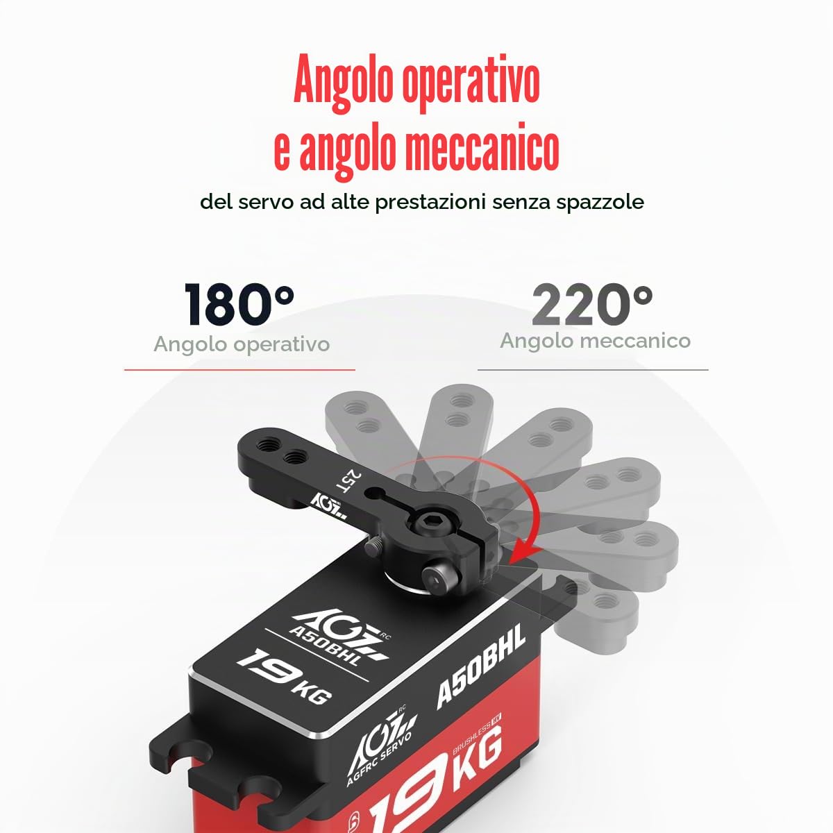 AGFRC Servo digitale programmabile ad alta coppia a basso profilo da 19 kg - Servo senza spazzole per ingranaggi in metallo per modelli RC 1/10, angolo di controllo 180 ° (A50BHL e AGF-SPV3)