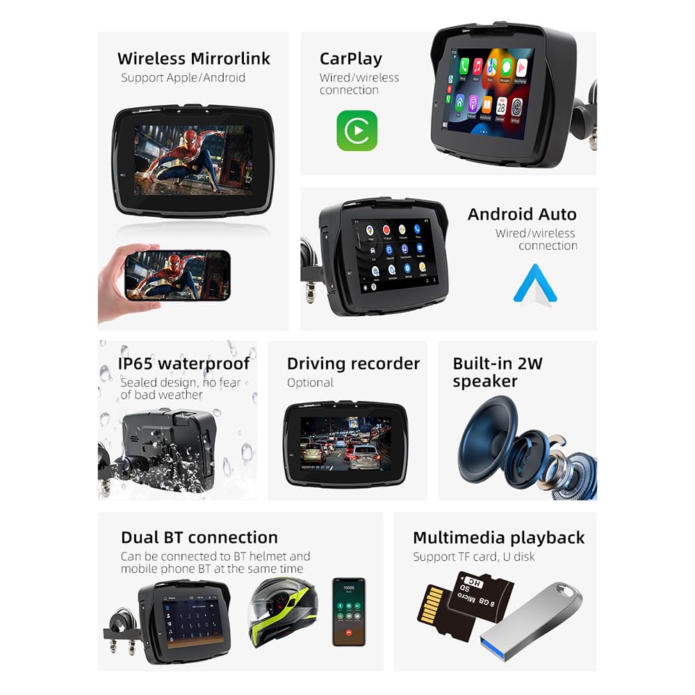 Android Auto Wireless Carplay Portatile Display 5 pollici IP65 Touchscreen GPS Navigation Dual Bluetooth Moto