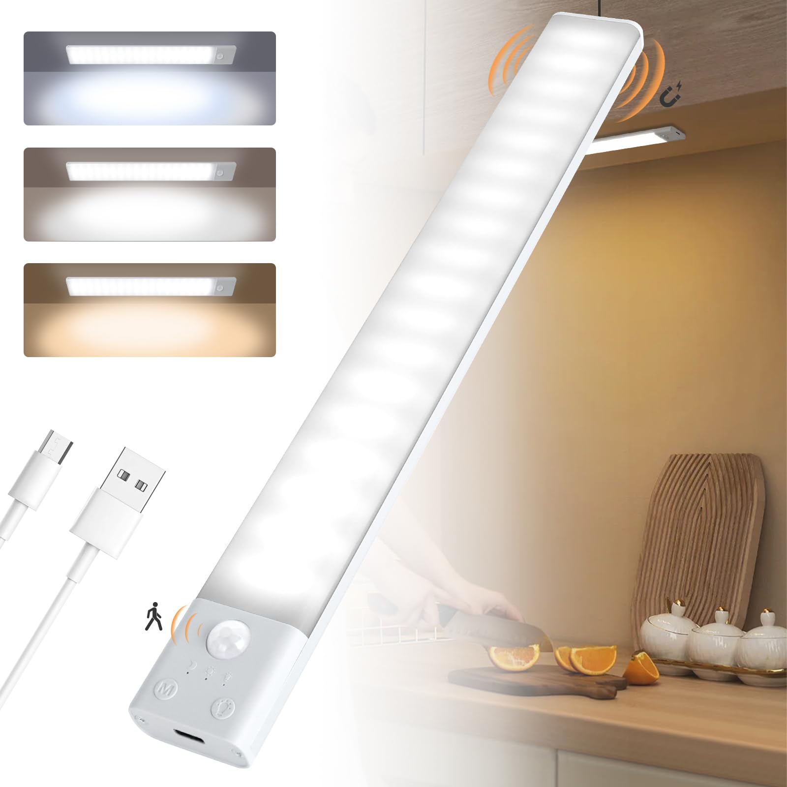 AiQInu Cabinet Light with Motion Sensor, USB Rechargeable LED Under Cabinet Light, 30 cm Dimmable Cabinet Light with Magnetic Strip Sticker for Kitchen, Stairs, Corridors