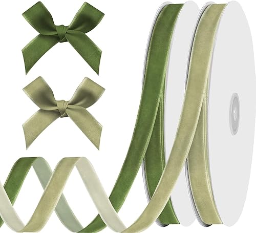 ALIBBON 2 rollos de cinta de terciopelo verde oscuro verde claro surtido de 38 pulgadas x 20 yardas, cinta fina verde salvia sólida para envolver