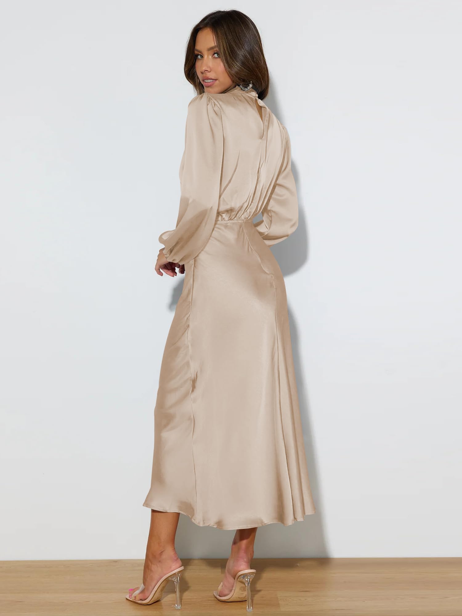Donna Abito Lungo in Satin Increspato Maniche Lunghe Vestiit Vita in Stile Sciolto Autunno Nuovo Elegante Vestito Cocktail da Donna e Ragazze