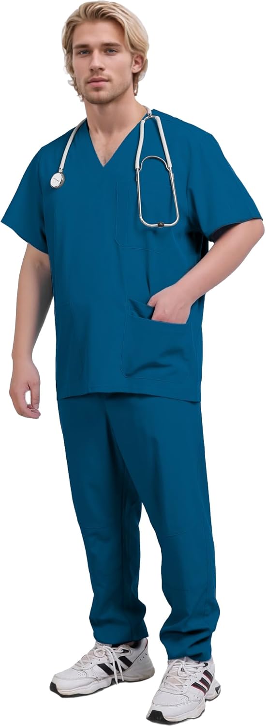 Yoweenton Scrubs Medical Uniform Man Scrubs Set Medical Scrubs Top and Pants,5-Pocket Top and 5 Pocket Pants