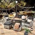 ovios Outdoor 7 Piece Patio Furniture with Fire Pit Table,Wicker Coversation Set with Swivel Rocking Chair,Comfy Sectional Deep Sofa with Ottoman for Outside Porch Balcony Backyard Pool,Black