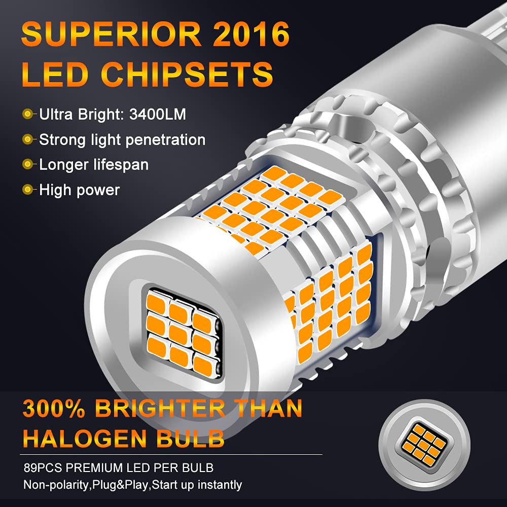 2Pcs T20 W21W Lampadine a LED, 7440 7440NA CanBus Senza Errori e senza sfarfallio Lampadina ambra per indicatori di direzione 12-24V 3400LM 2016 89SMD Super luminoso e impermeabile