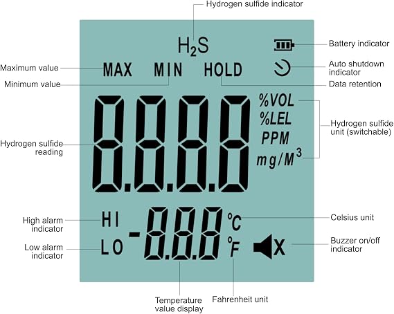Hydrogen Sulfide Detector H2S Monitor 0~100ppm Electrochemical H2S Sensor LED Alarm with LCD Screen Backlight Portable Tester