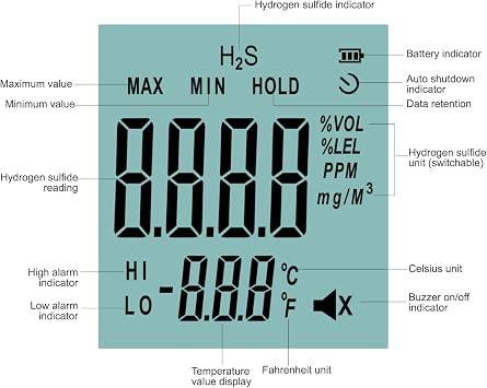 Hydrogen Sulfide Detector H2S Monitor 0~100ppm Electrochemical H2S Sensor LED Alarm with LCD Screen Backlight Portable Tester