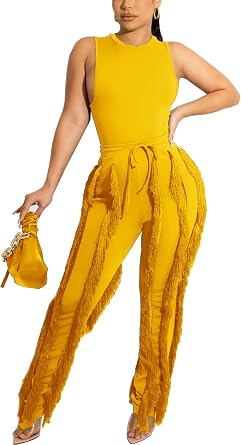 Women Sexy 2 Piece Outfits Fringe Pants Jumpsuit Set Tassel Club Going Out Birthday Party Night Clubwear