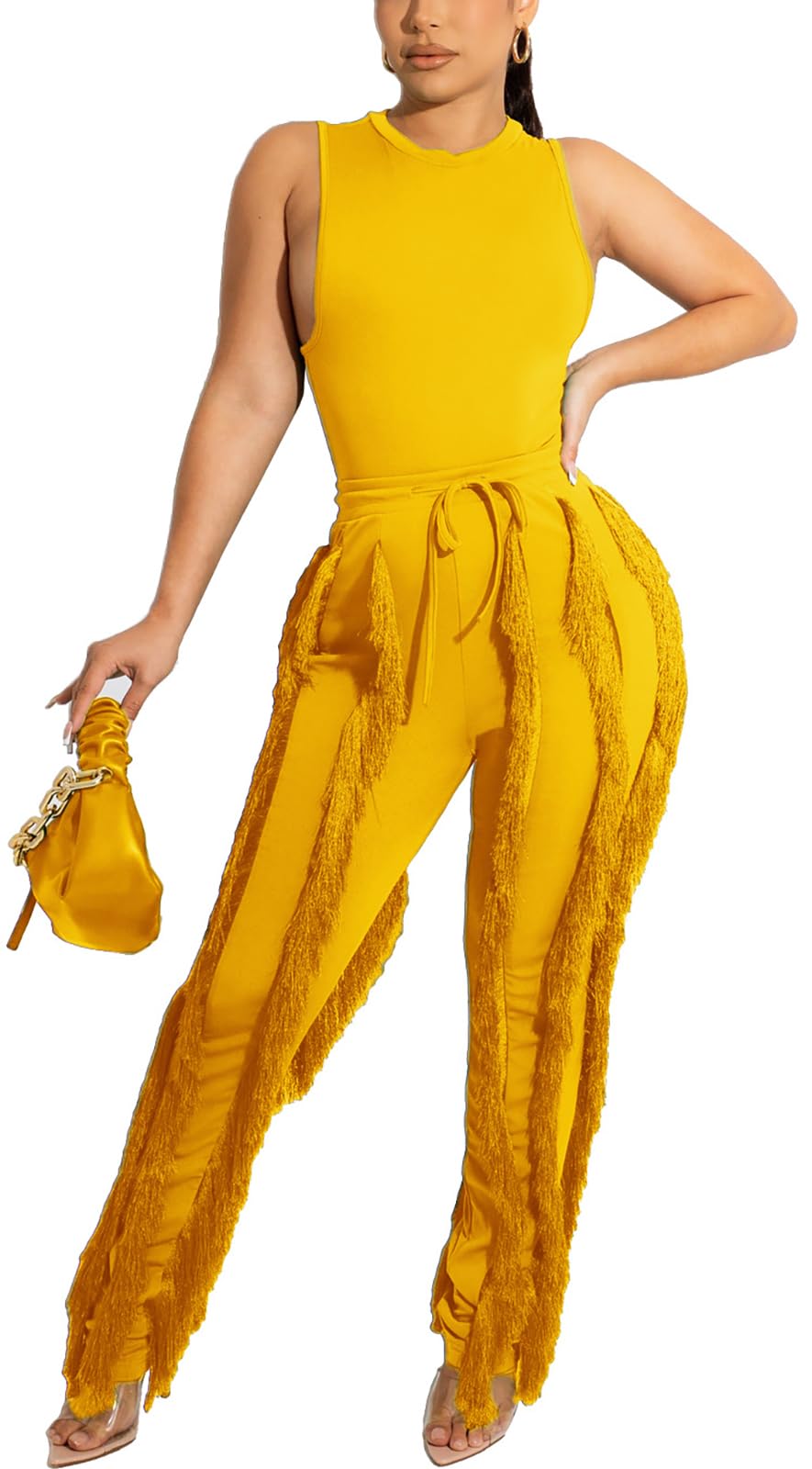 Sriswel Women Sexy 2 Piece Outfits Fringe Pants Jumpsuit Set Tassel Club Going Out Birthday Party Night Clubwear