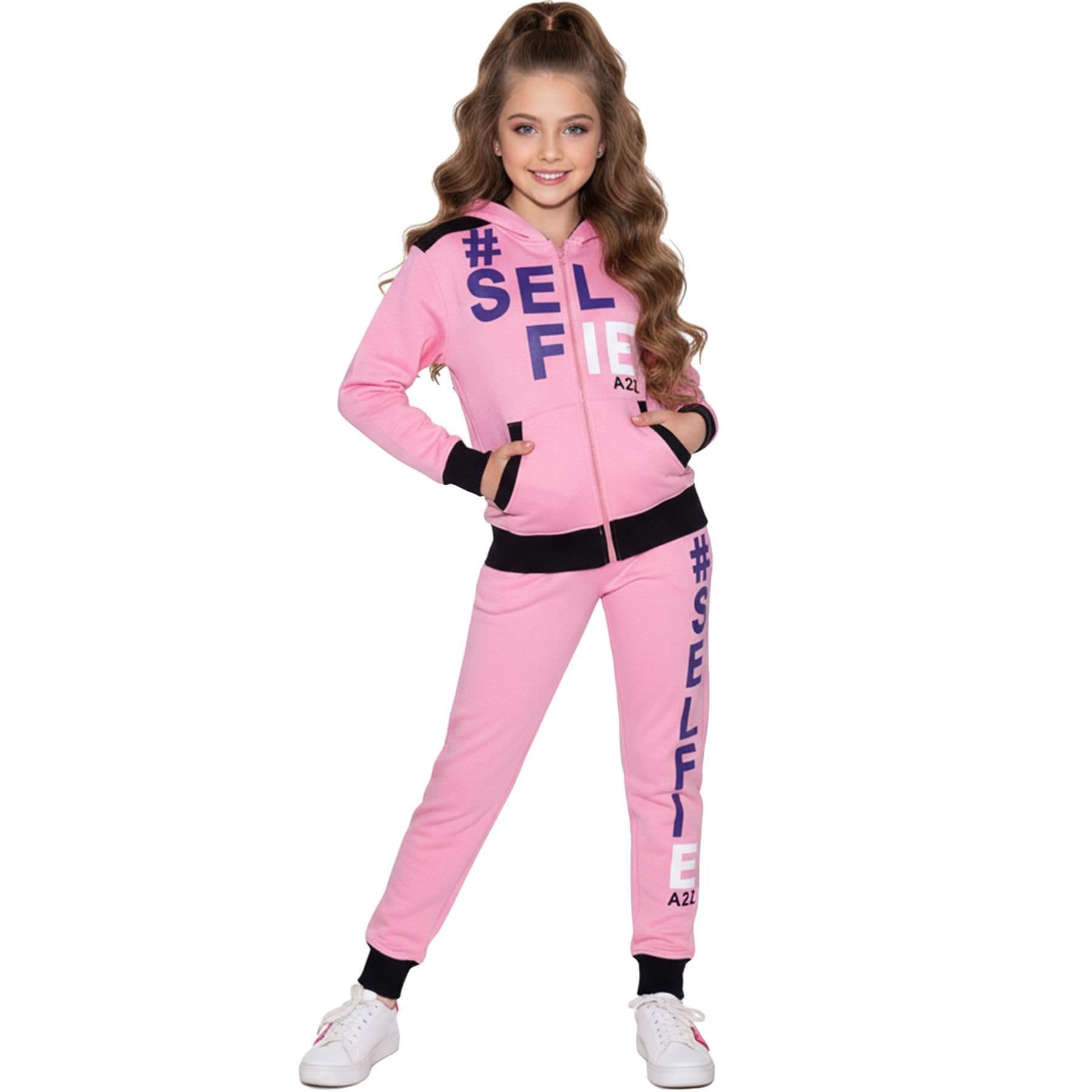 A2z 4 Kids Boys Baby Pink Tracksuit Girls #Selfie Print Zipped Top Fleece Hoodie - T.s Selfie 01 7-8