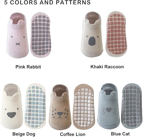 Miniatura 2 de Exegawe Calcetines de bebé con agarres, 5 pares de calcetines antideslizantes para el suelo de dibujos animados para niños pequeños