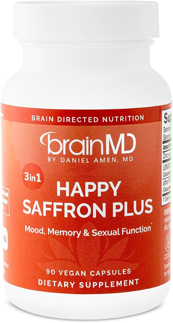 BRAINMD Dr Amen Happy Saffron Plus - 90 كبسولة - مع مستخلص زهرة الزعفران ، الكركمين والزنك - نباتي ، خال من الغلوتين - 30 حصة