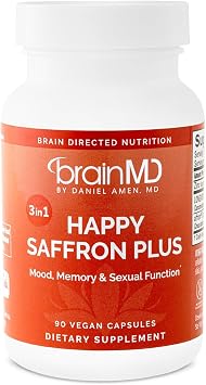 BRAINMD Dr Amen Happy Saffron Plus - 90 Capsules - with Saffron Flower Extract, Curcumin & Zinc - Vegan, Gluten Free - 30 Servings