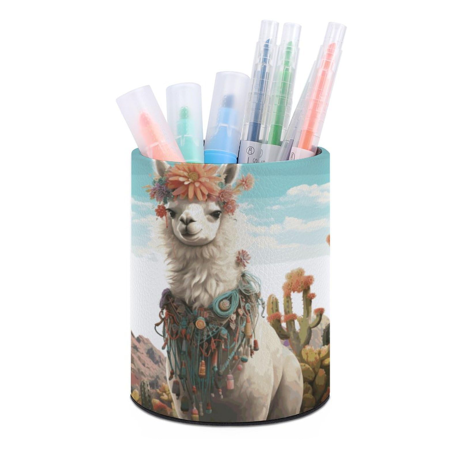 VstaDank Mexican Llama Cactus Pen Holder PU Leather Pencil Cup Minimalist Desk Pencil Holder Round Make Up Brush Organizers For Office Dorm Room&Vanity Desk Accessories
