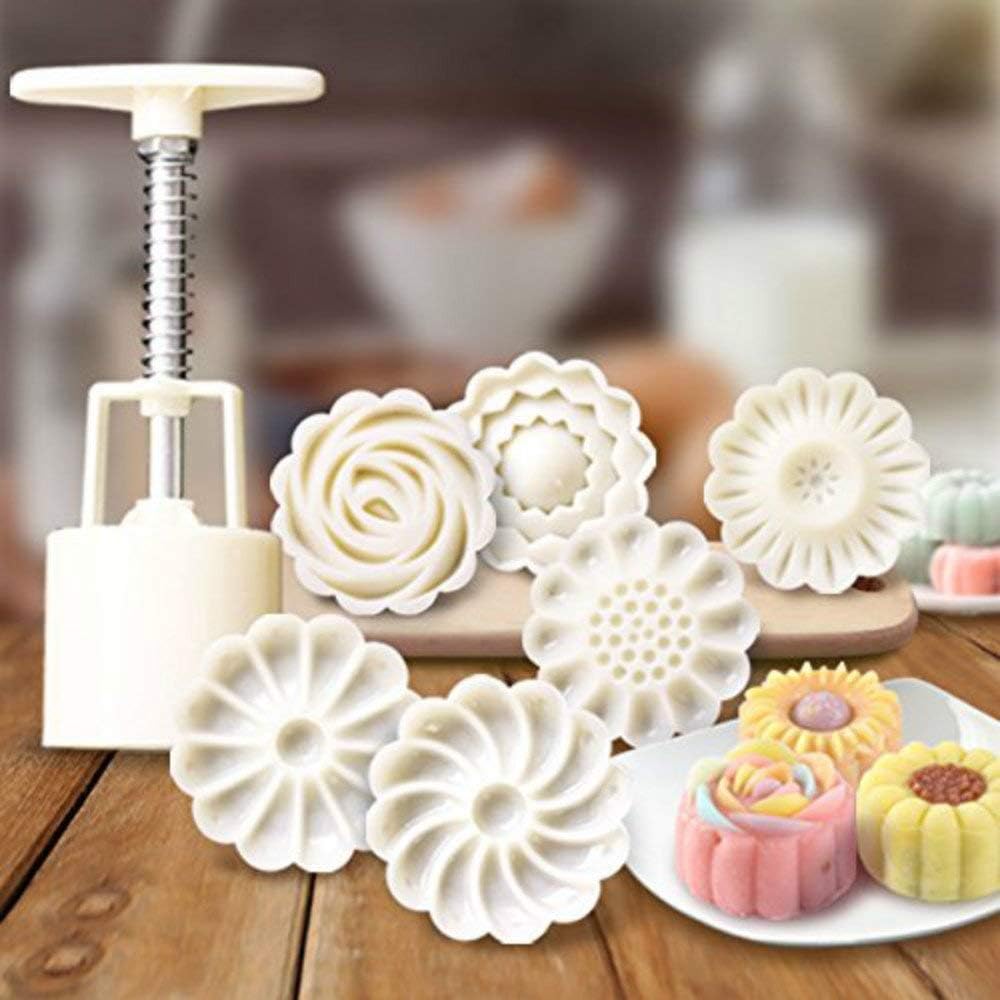 6+1 Chinese Flowers Pattern Mooncake Mold Candy Pineapple Cake Cookie DIY Baking mold/3D Rose Flower Mooncake Mold Hand Pressure Mould 1 Barrel 6 Stamps DIY Cake Decoration Tool