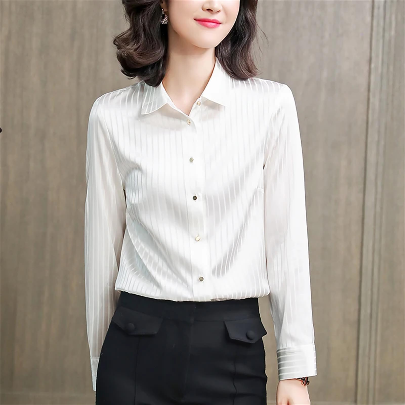 Blusa básica de satén de seda para mujer, cuello vuelto, manga larga, blusa a rayas