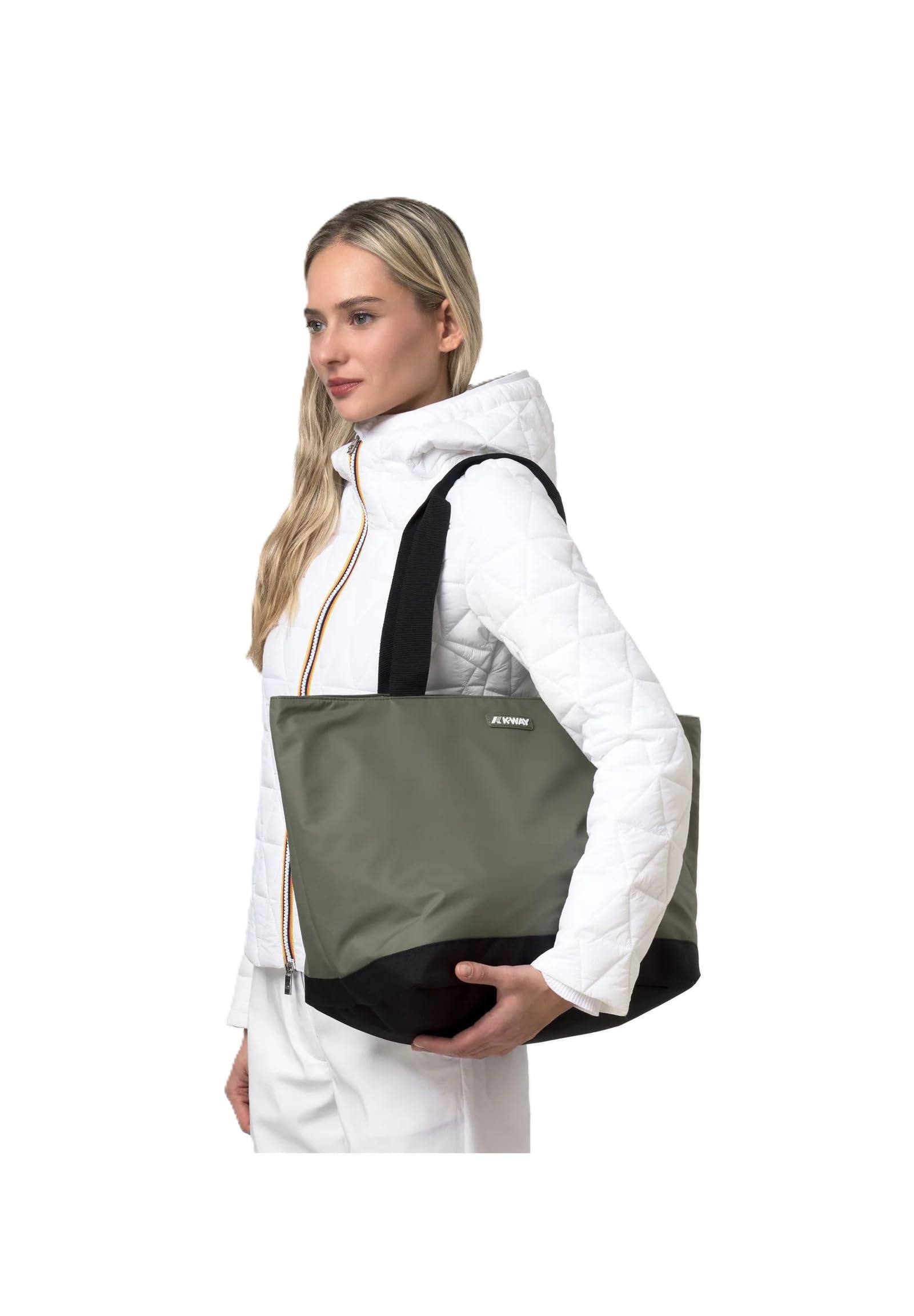 K-Way Borsa Shopper Clere, Grande, 100% Nylon, Verde e Nero, 52x33x21 cm, Doppio Manico, Chiusura a Cerniera