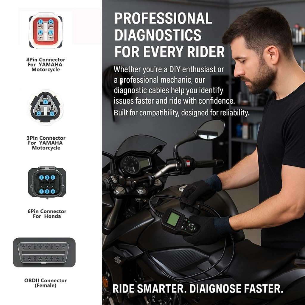 3-in-1 OBD2 Adapter Cable, 16 Pin to 3/4/6 Pin Adapter, OBDII Fault Code Reader Connector Tool, Durable Plug & Play Engine System Diagnostic Cable for Motorcycles