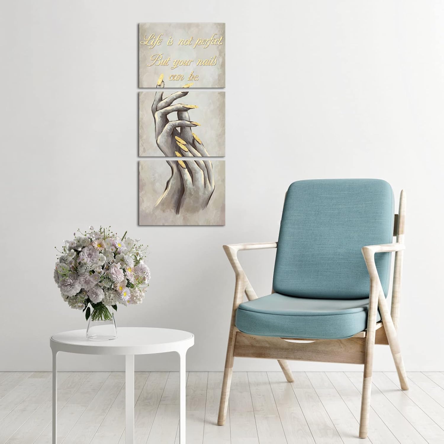 HOMEOART Fashion Woman Wall Art Nail Salon Decor Manicure Nail Salon Wall Art Stretched and Framed Ready to Hang 12"x16"x3 Pieces, Vintage Yellow and Grey