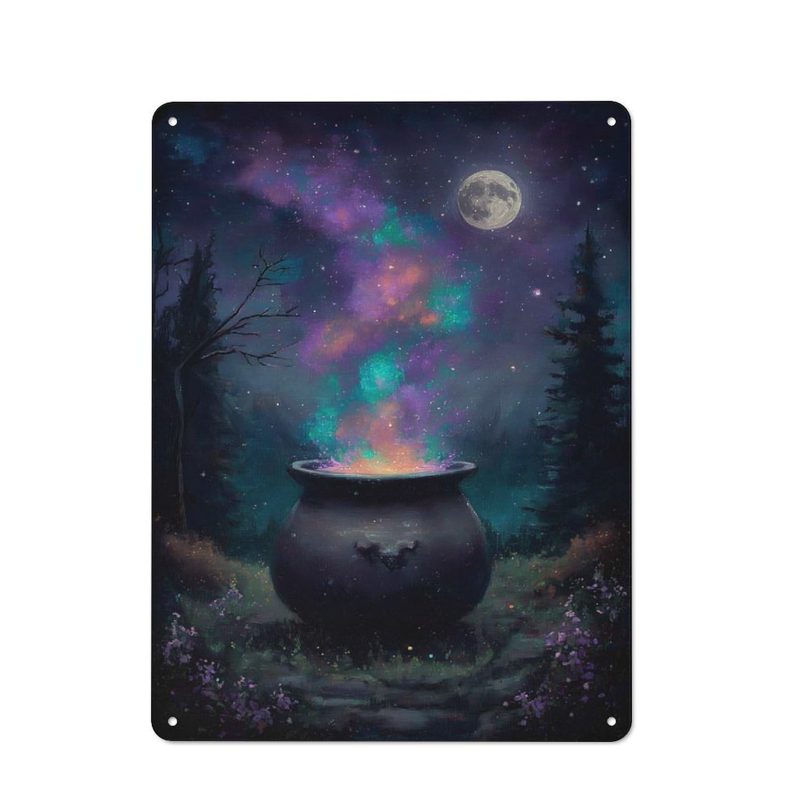 Junmoney Magical Cauldron Under The Moonlight Metal Wall Art Sign With Design 40X30cm, Urban Industrial Wall Decor For Workspace, Cafe, Hallway Or Garage