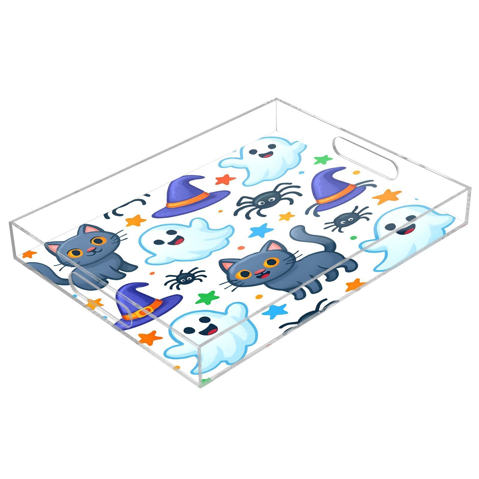BOESI Cute Halloween Ghost and Cat Acrylic Decorative Dining Tray, Acrylic Decorative Tray Organizer with Handle for Kitchen, Dining Room, Bathroom, Dresser