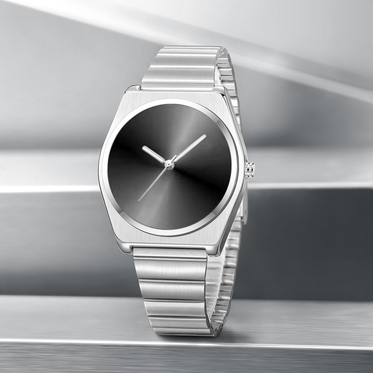 PINTIME Moderne Edelstahl Armbanduhr - Futuristische blaue Zifferblatt Uhr für Herren mit asymmetrischen Zeigern | Minimalistisches Quarzdesign